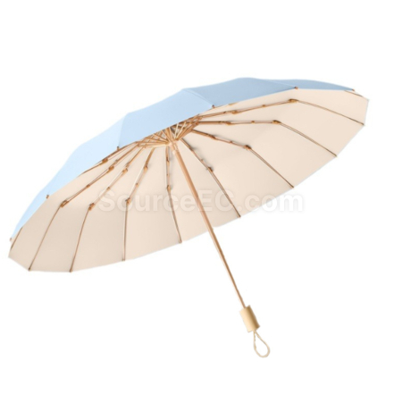 16 Bone Wooden Handle Sun Protection Tri-Fold Folding Umbrella